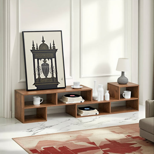 Fortune Candy L-Shaped Adjustable TV Stand for TVs up to 70'', MDF Entertainment Center with Open Shelves for Living Room or Apartment, Walnut