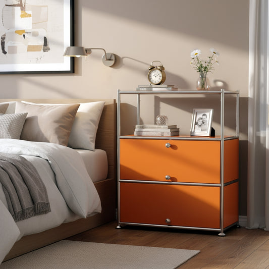 Fortune Candy 3 Tier Metal Storage Cabinet with Doors, Modern Organizer, Open Shelf for Dining Room or Living Space, Orange