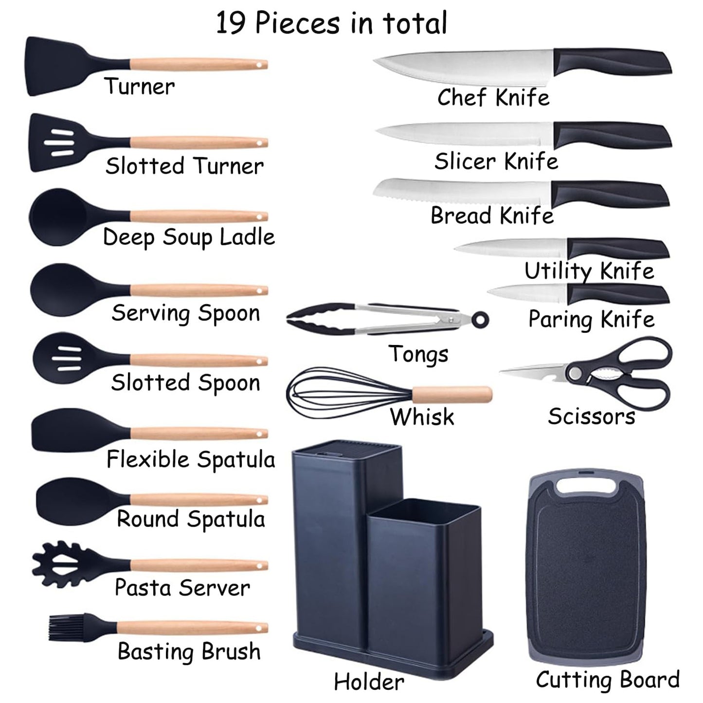 Fortune Candy 19pc Kitchen Utensil Set, Includes Tongs, Ladle, Scissors, Knives and Cutting Board (Black)
