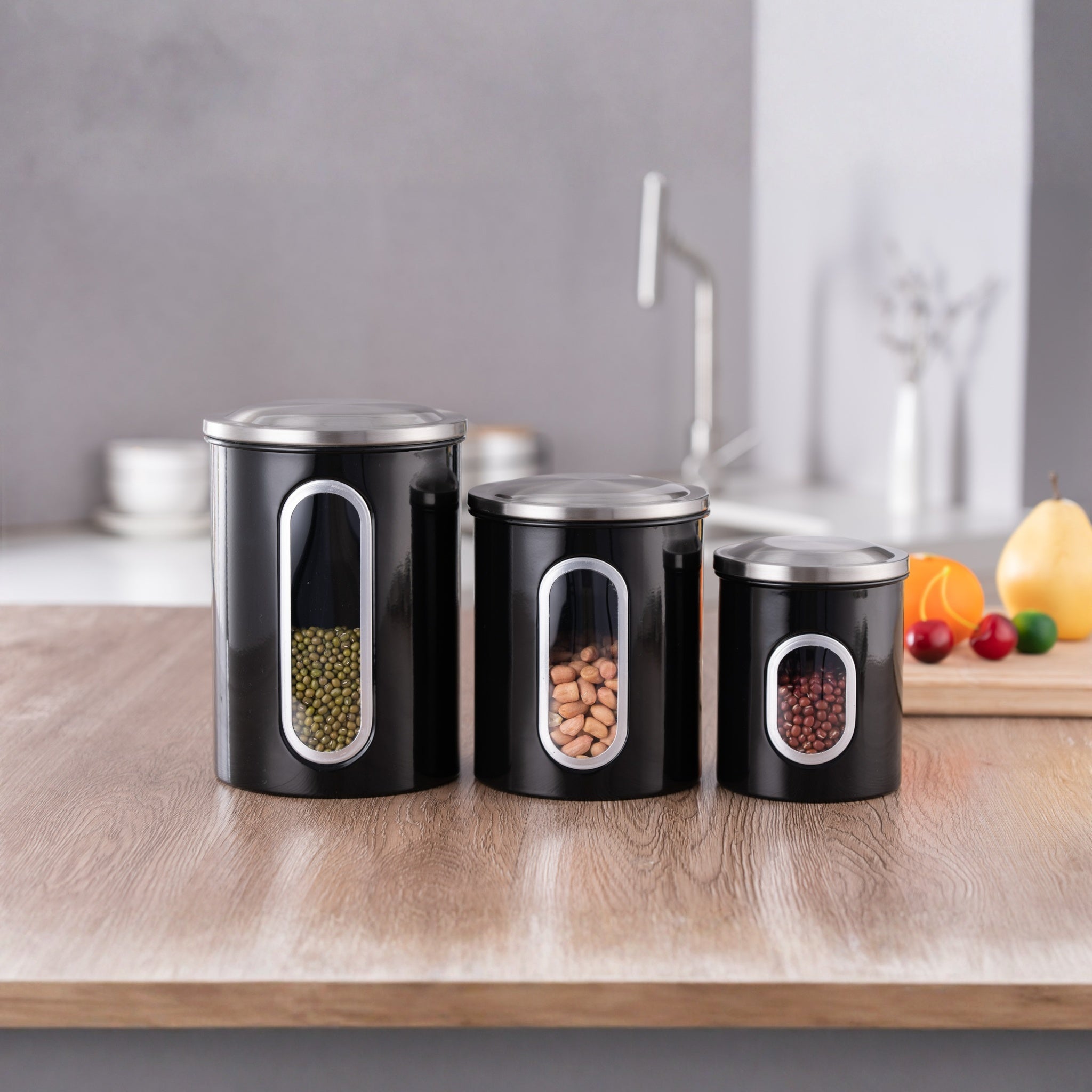 Fortune Candy 3 PCS Stainless Steel Canister Set with Anti-Fingerprint Lids & Visible Windows, Multipurpose Food Storage for Kitchen or Travel (Black)