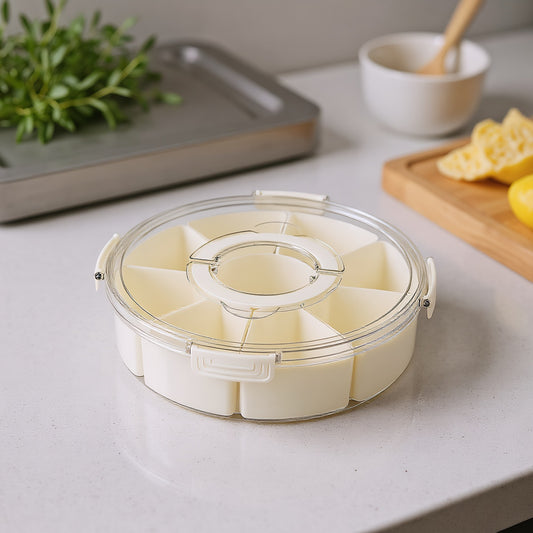 Fortune Candy 9 Compartment Box, Rotating Serving Tray with Lid & Handle, Portable Organizer for Fruits, Candy, Veggies, Party & Travel (White)