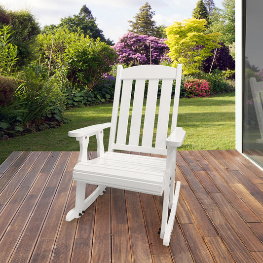 Fortune Candy Wooden Rocking Chair with Comfortable Backrest Inclination, High Backrest and Deep Contoured Seat, Solid Fir Wood, Heavy Duty 600 LBS, for Backyard, Porch and Patio (PU White)