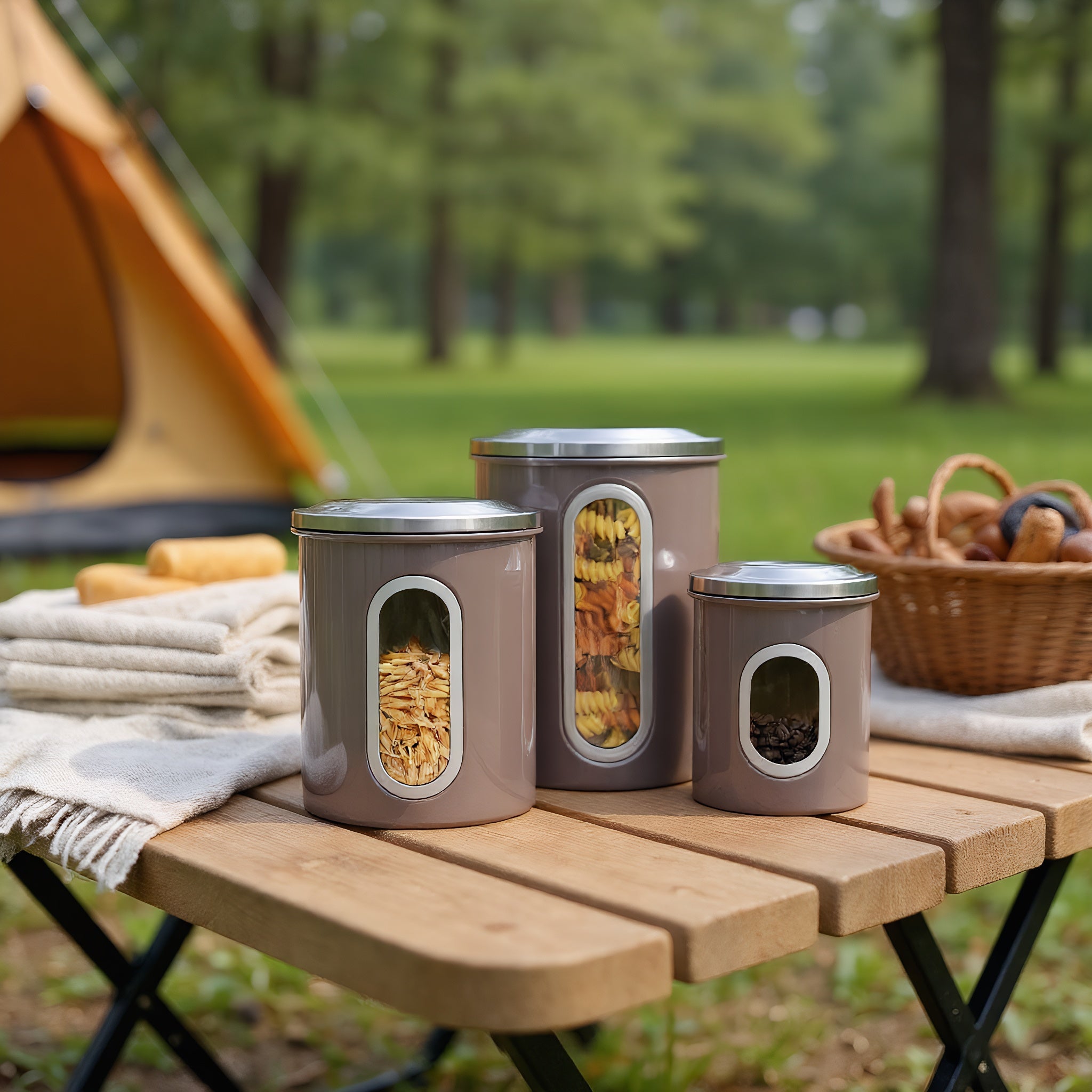 Fortune Candy 3 PCS Stainless Steel Canister Set with Anti-Fingerprint Lids & Visible Windows, Multipurpose Food Storage for Kitchen or Travel (Brown)