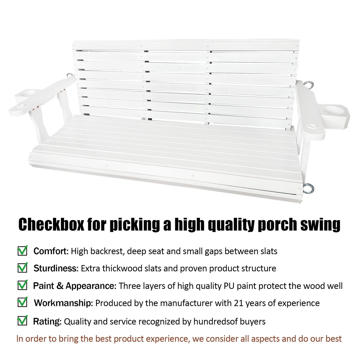 Fortune Candy 5 ft. Wooden Porch Swing 2-Seater for Outdoor Patio Garden Yard (White)