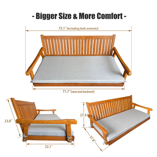 6 FT Wooden Porch Swing Bed with Thick Cushion – Outdoor Hanging Daybed for Patio or Porch, Solid Fir Wood Frame, Weather-Resistant, Heavy Duty 1000 LBS