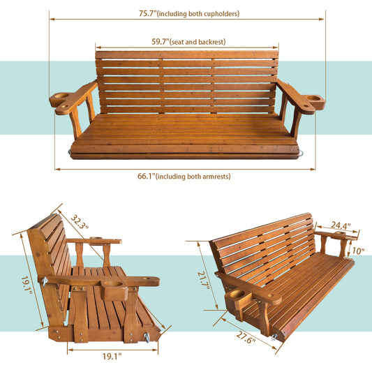 Fortune Candy Extended 3-Seater Wooden Porch Swing with Seat Cushion, Cup Holders, Hanging Chains and 7mm Springs, Heavy Duty 880 LBS (Warm Teak, 5.5 FT)