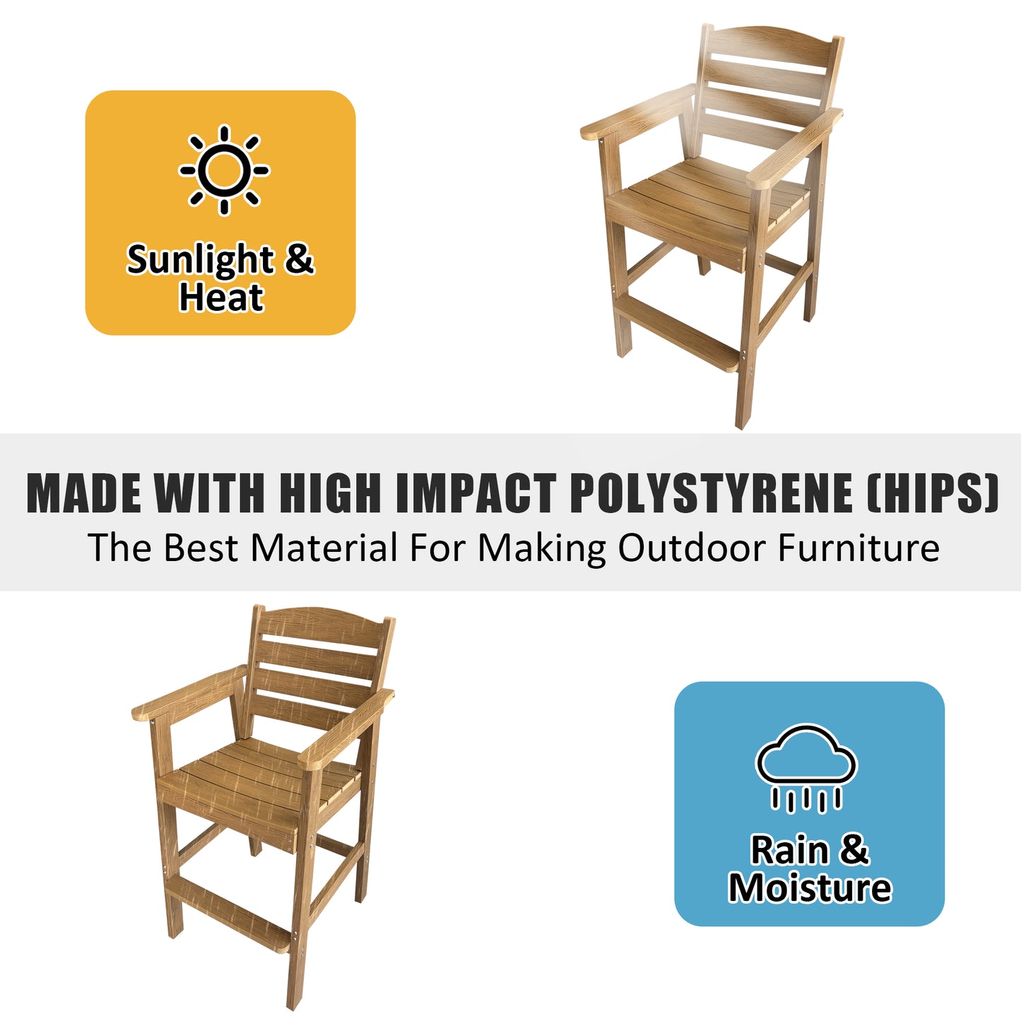 Poly Lumber Patio HIPS Bar Set, 2-Person Plastic Outdoor Bar Stools with Table, Teak Tone, 600 lb. Weight Capacity