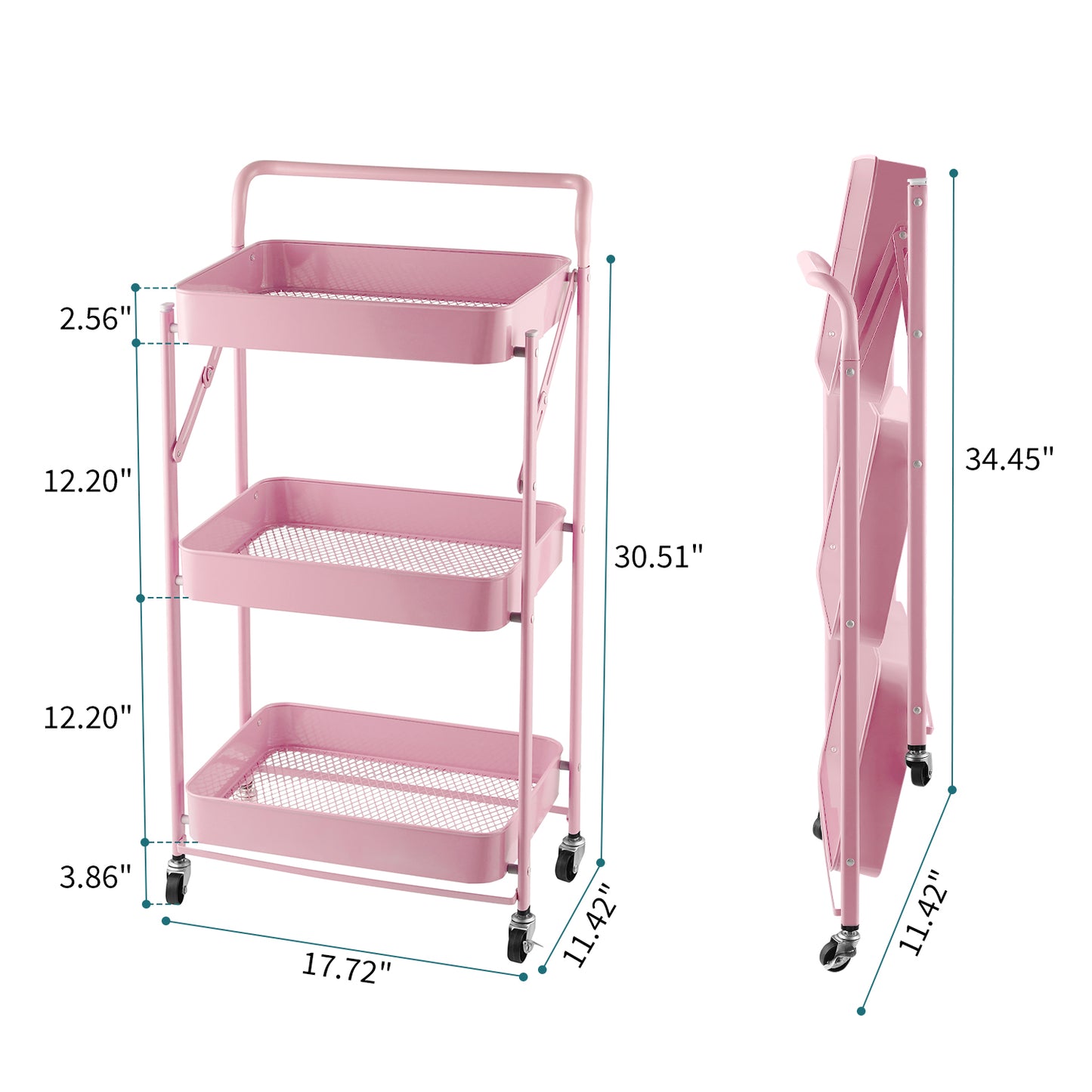Fortune Candy Foldable 3-Tier Rolling Utility Cart, No-Assembly Multipurpose Storage Organizer with Handle for Home or Office, Pink