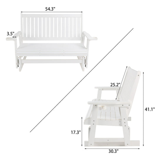 HIPS Patio Glider with Cup Holders, Durable Poly Lumber Material, All-Weather Resistant, High Backrest and Deep Contoured Seat, Heavy Duty 900 LB, for Outdoor, Porch, Patio (Ivory White, 3-Seat)