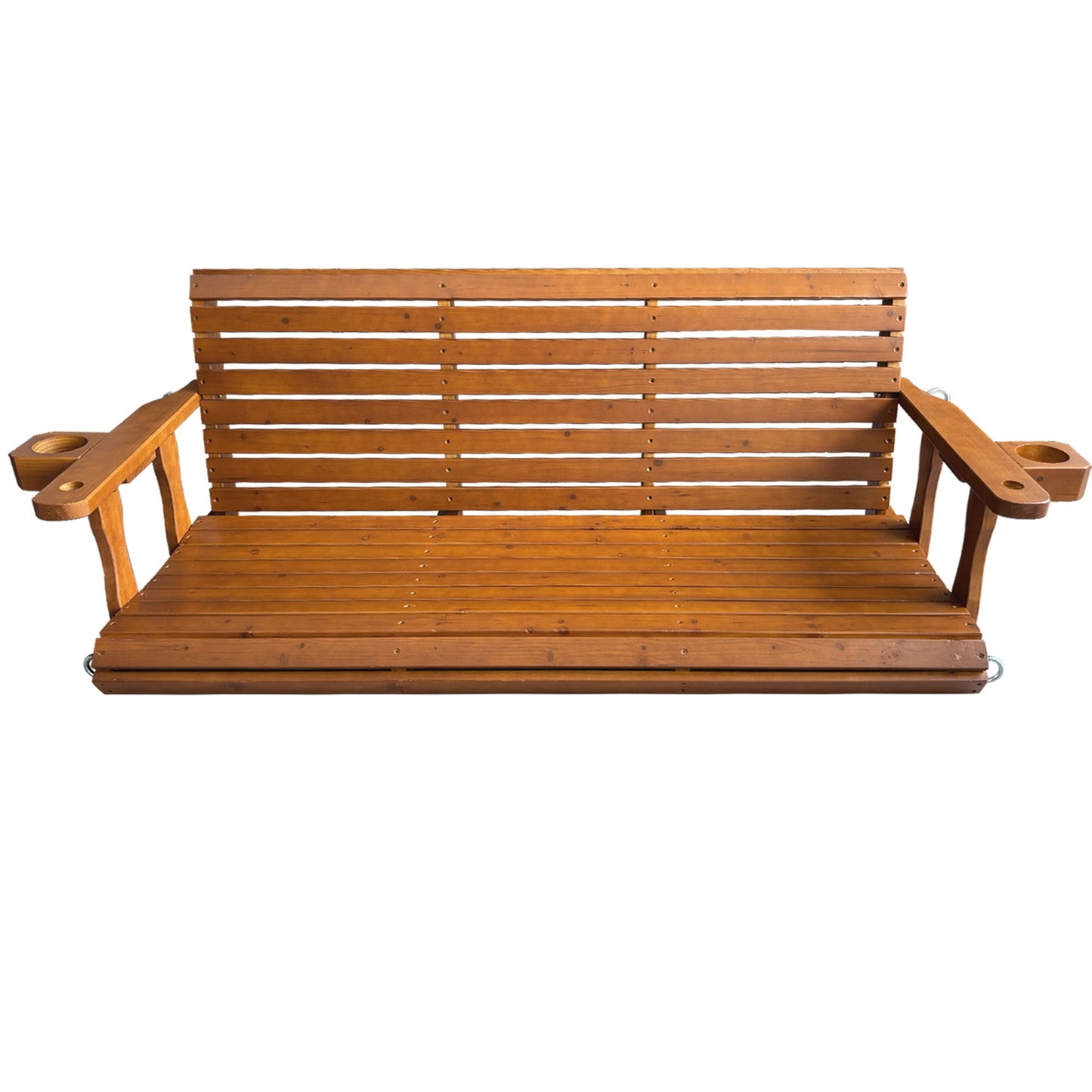Fortune Candy Extended 3-Seater Wooden Porch Swing with Seat Cushion, Cup Holders, Hanging Chains and 7mm Springs, Heavy Duty 880 LBS (Warm Teak, 5.5 FT)