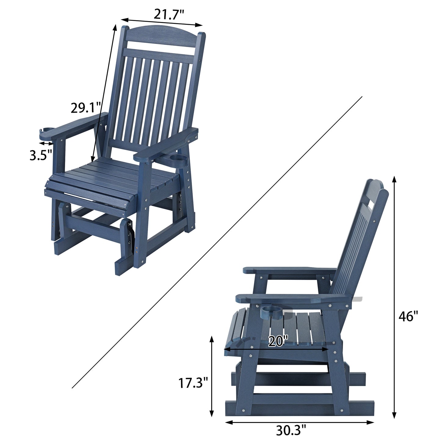 Fortune Candy 1 Person Poly Lumber Patio Glider, with Cup Holders, High Backrest and Deep Contoured Seat, HIPS Material (Navy Blue)