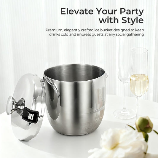 Fortune Candy Insulated Ice Bucket, Stainless Steel Ice Bucket with Ice Tongs, 2.8 L (Silver)