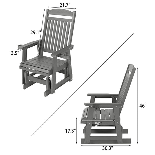 Poly Lumber Patio Glider for One Person, with Cup Holders, High Backrest and Deep Contoured Seat, HIPS Material, All-Weather Resistant, Heavy Duty 700 LBS (Gray)