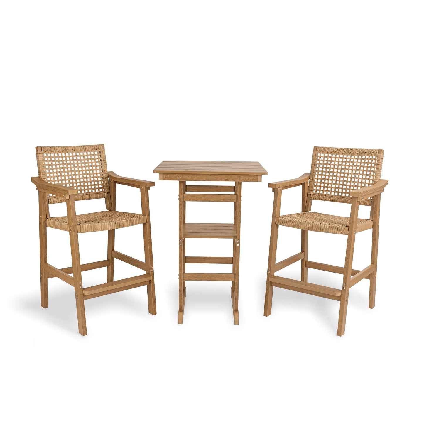 Poly Lumber Patio Bar Stools, PE Rattan Outdoor Bar Chairs, Weather Resistant, for Poolside, Garden, Yard, Balcony (Teak Tone, 2 Piece)