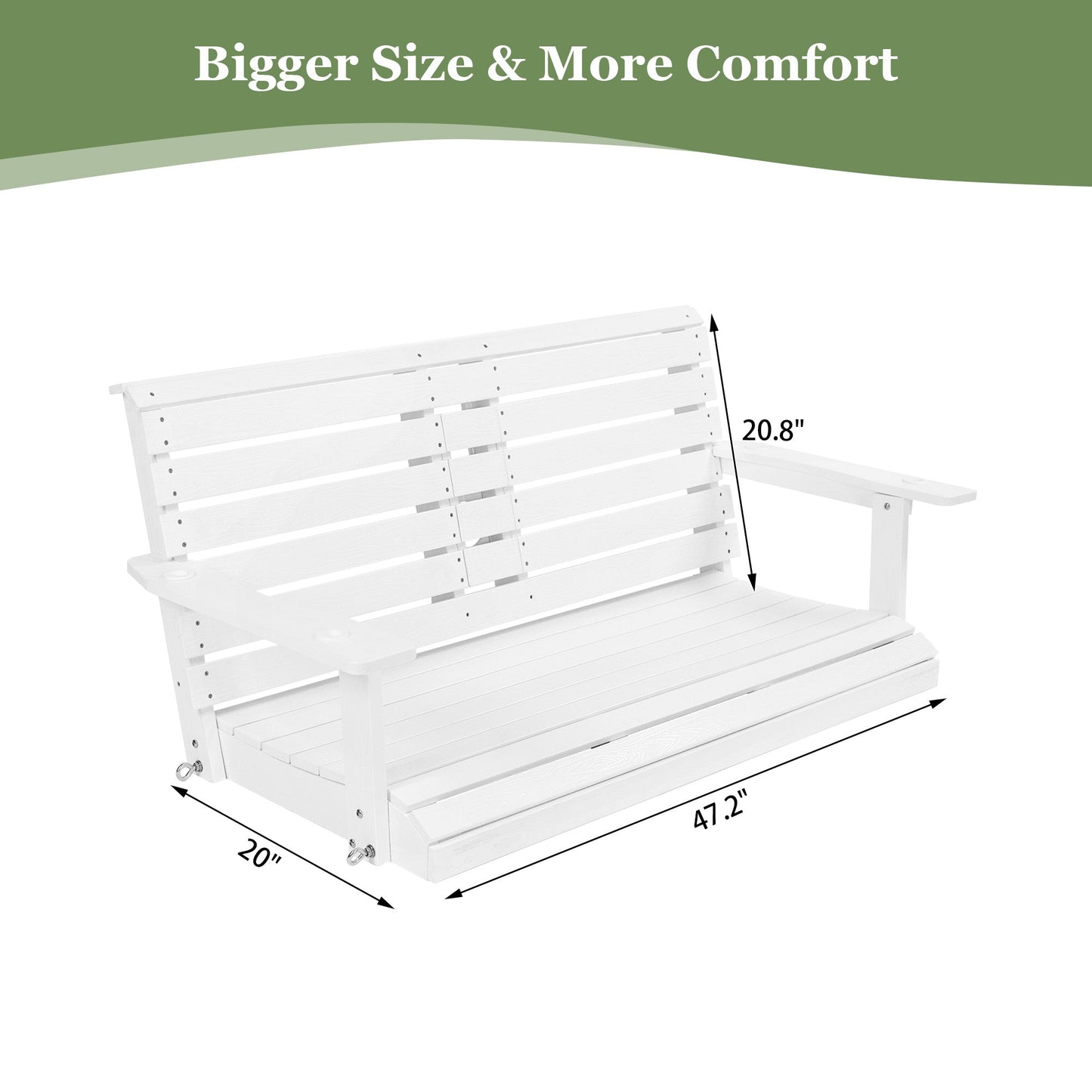 Poly Lumber 2-Seat Porch Swing, HIPS 4.5-Feet Bench Swing with Foldable Cup Holders,18/8 Stainless Steel Hardware, High Backrest and Deep Contoured Seat (Snow White, 4.5-feet)