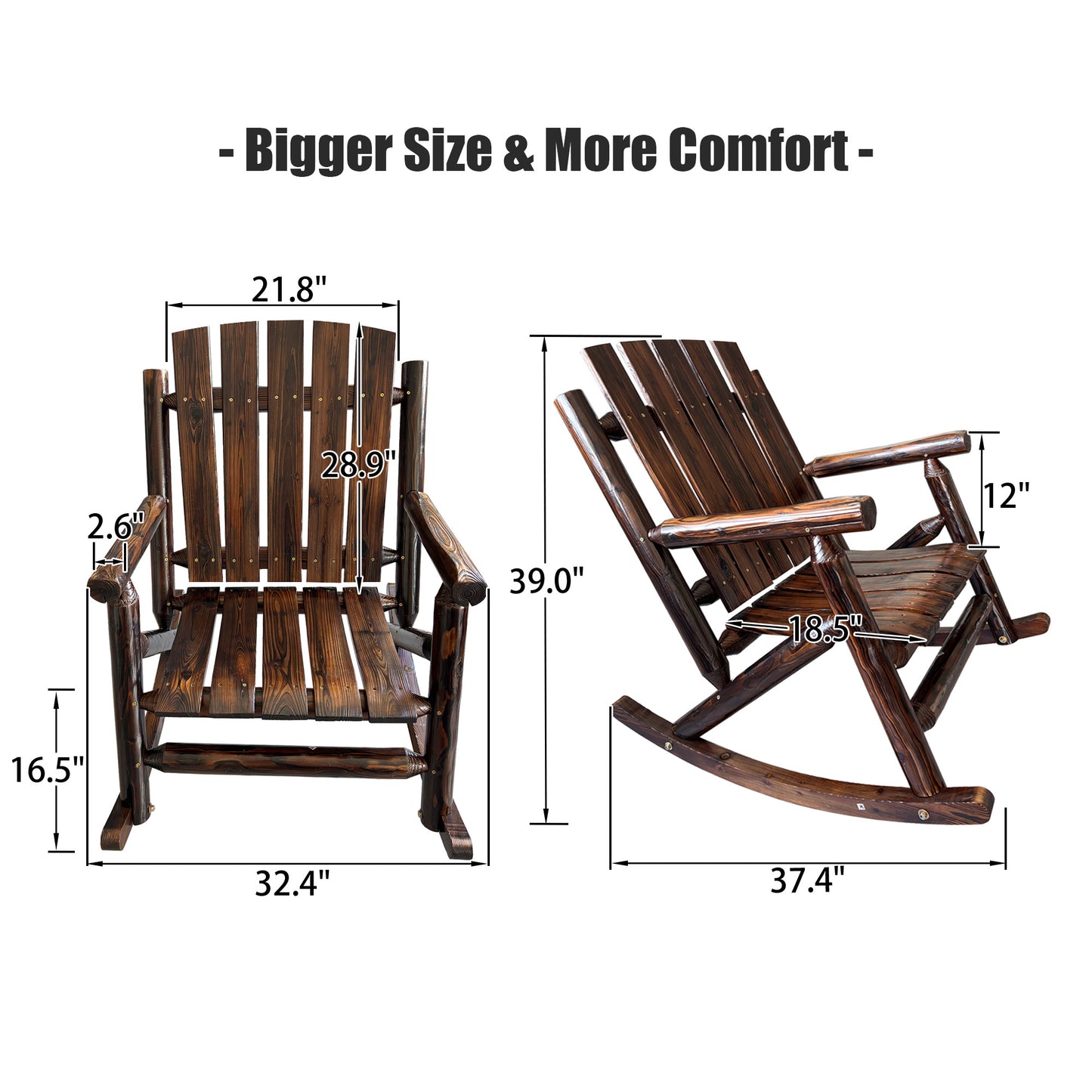 Fortune Candy 32.4 in. Rustic Log Handcrafted Solid Fir Wood, 1 Person, 700 lb Capacity, Slat Back Outdoor Rocking Chair, Brown