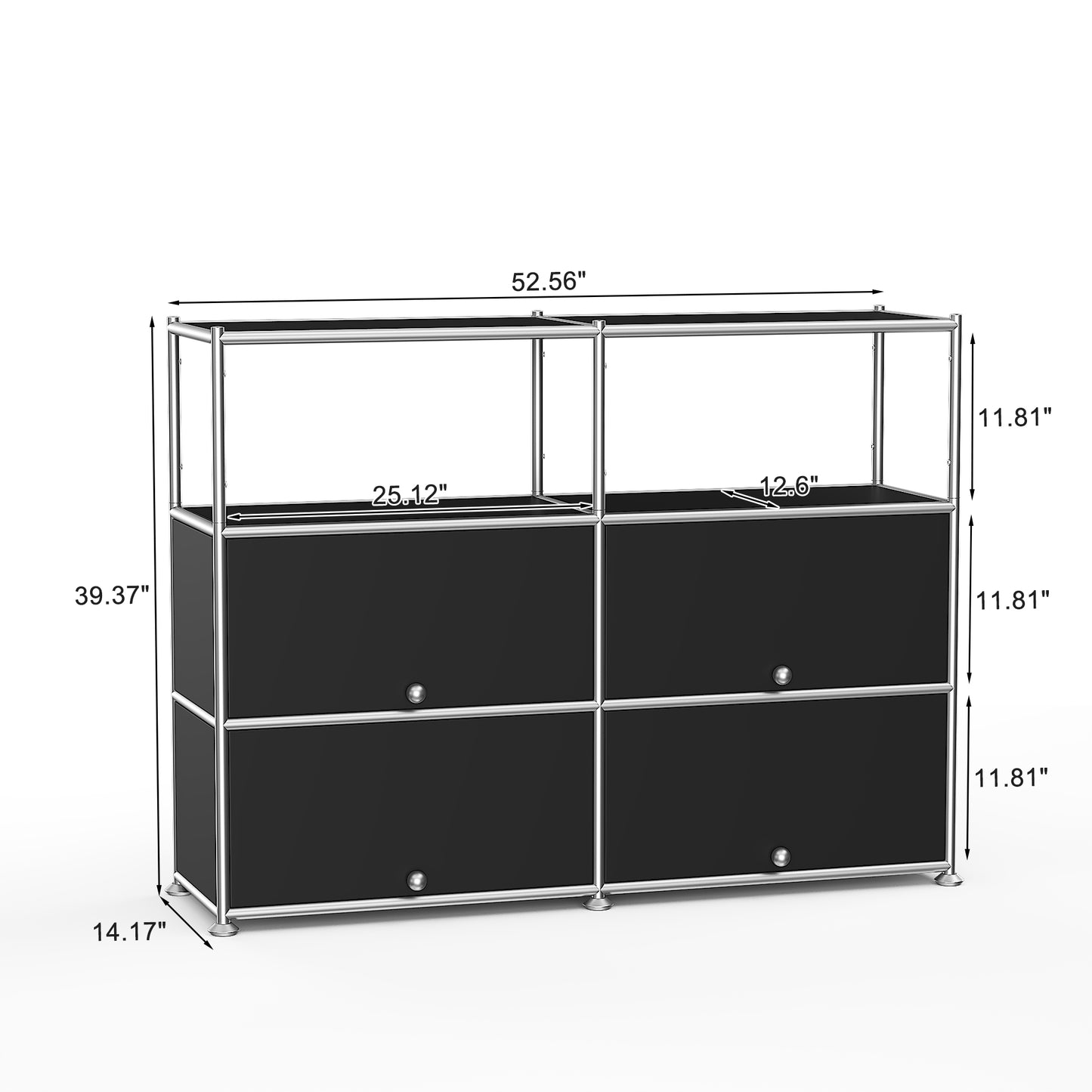 Fortune Candy 4-Door Modular Metal Sideboard with Open Shelf, Modern Twin-Row Grid Cabinet for Dining or Living Room, Office, Black