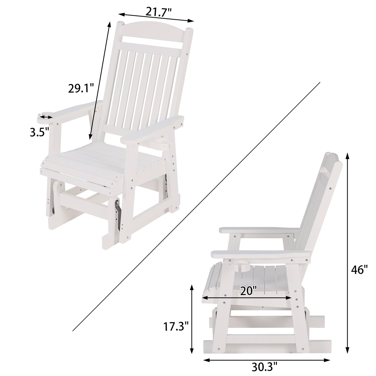 Fortune Candy 1-Person Poly Lumber Patio Glider, with Cup Holders, High Backrest and Deep Contoured Seat, HIPS Material (White)