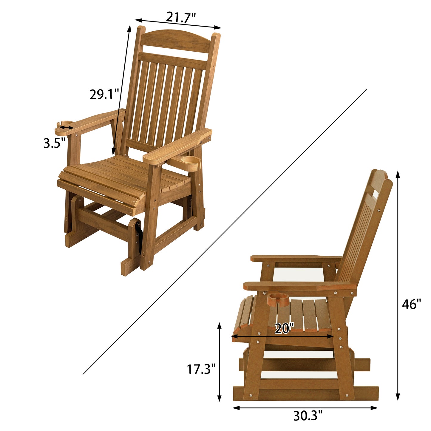 Fortune Candy 1-Person Poly Lumber Patio Glider, with Cup Holders, High Backrest and Deep Contoured Seat, HIPS Material (Cedar Tone)