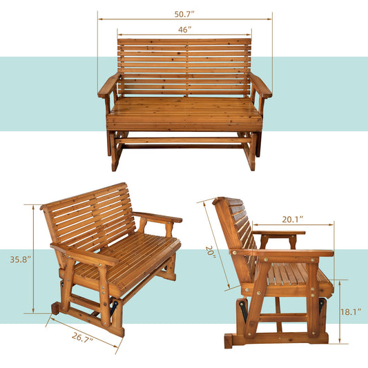 Wooden Patio Glider with High Roll Back and Deep Contoured Seat, Solid Fir Wood, 2-Seater, Heavy Duty 800 LBS, 4 Ft. (PU Brown)