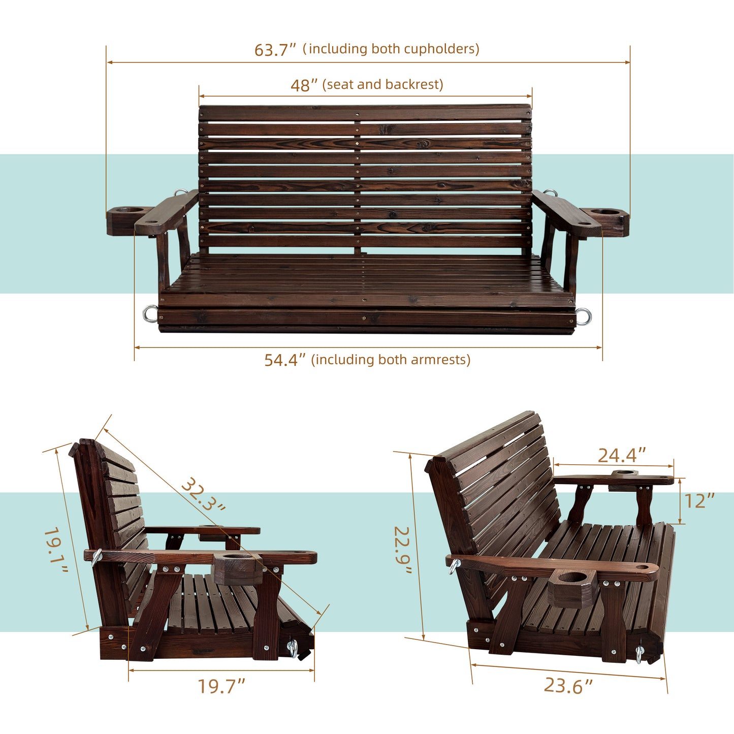 Fortune Candy 4.5 ft. Wooden Porch Swing 2-Seater for Outdoor Patio Garden Yard (Chocolate Tone)