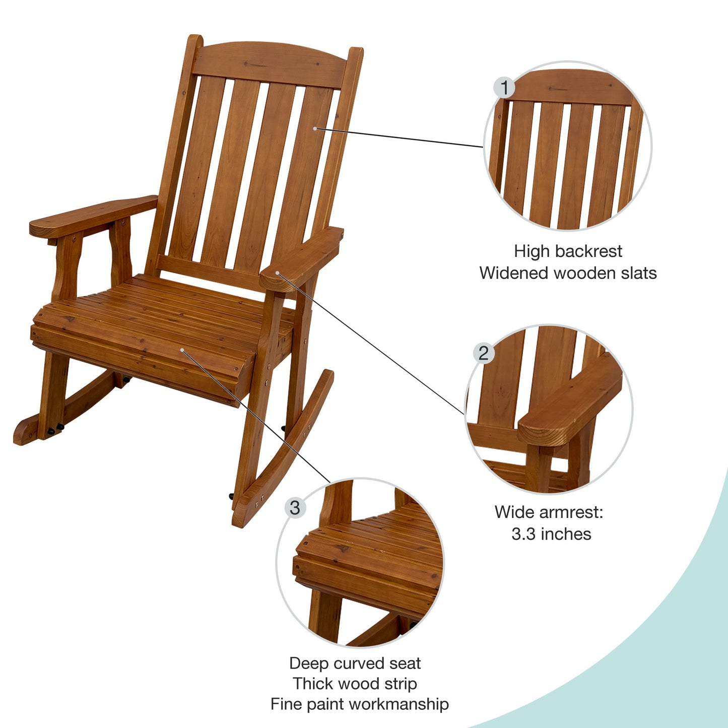 Wooden Rocking Chair with Comfortable Backrest Inclination, High Backrest and Deep Contoured Seat
(Brown with table)