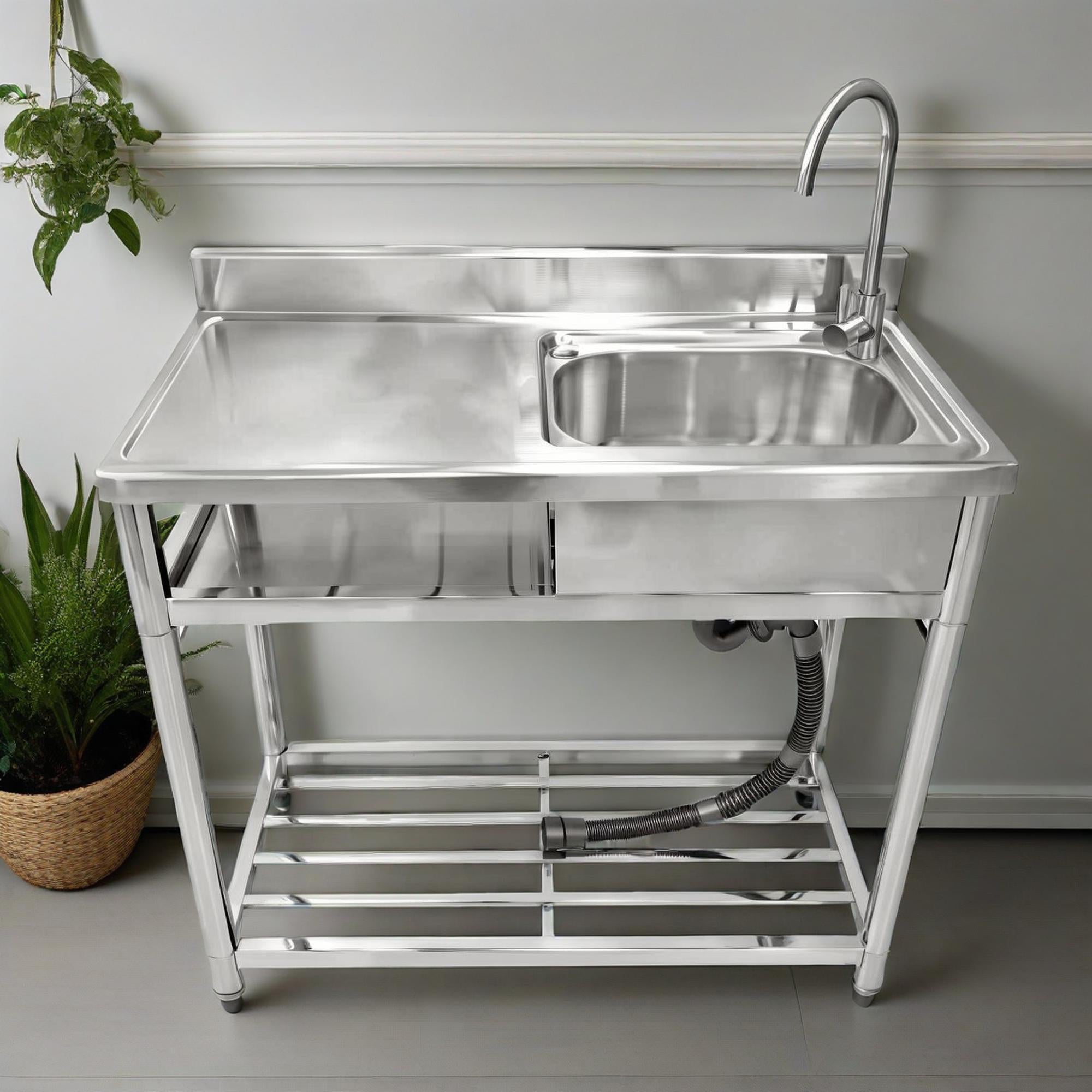 Fortune Candy 39.3" Stainless Steel Kitchen Sink with Faucet - Free Standing Single Bowl Commercial Sink Set, Strainer & Shelf for Indoor/Outdoor