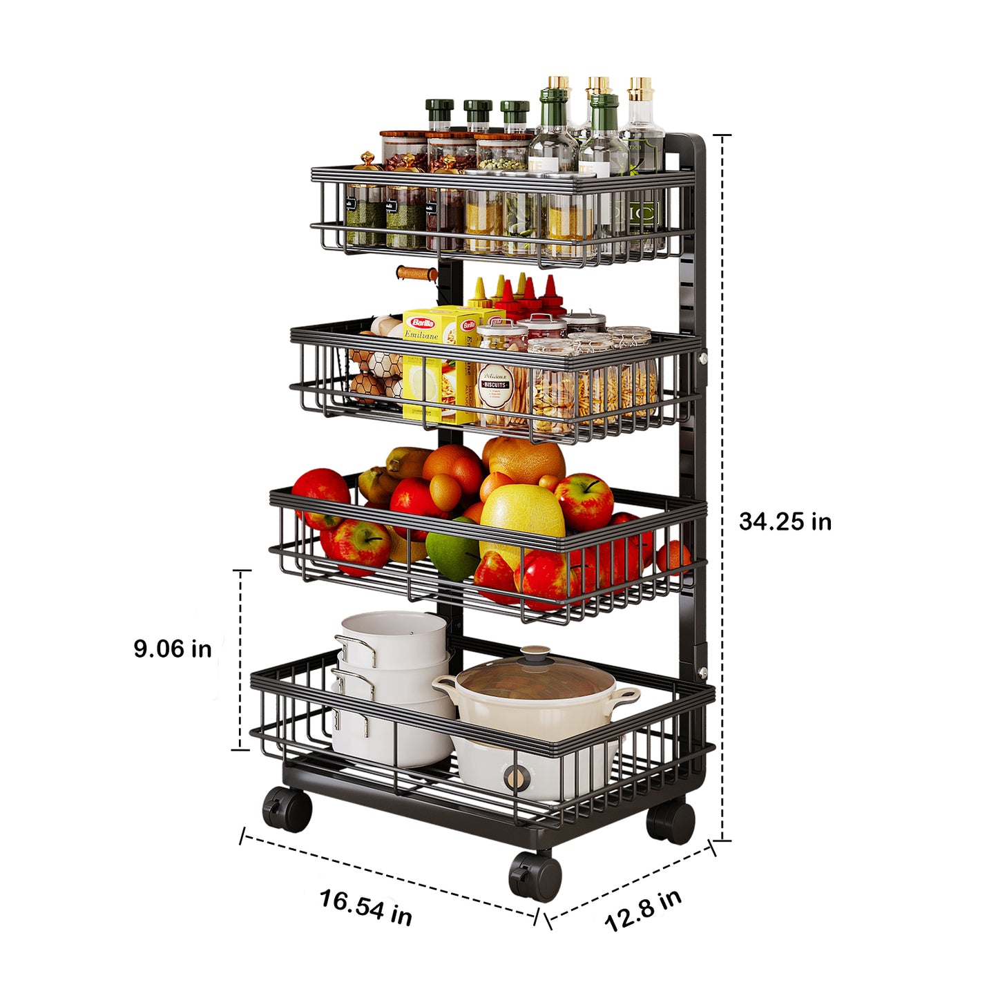 Fortune Candy Adjustable 4-Tier Metal Storage Cart with Wheels, Lockable Rolling Organizer for Kitchen, Pantry, Bathroom, or Office
