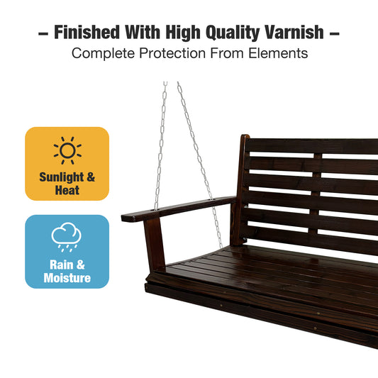 Fortune Candy Wooden Porch Swing 2-Seater Extra Large, Ergonomic Seat, Bench Swing with Hanging Chains, for Outdoor Patio Garden Yard (Deep Brown)