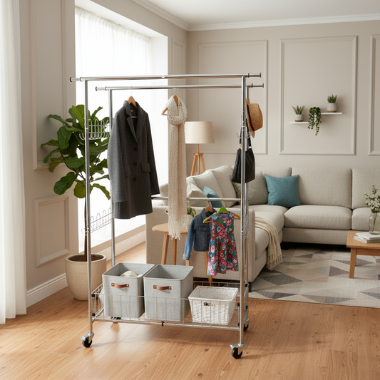 Fortune Candy 69.7" Tall Steel Rack with Extendable Hanging Bars, Side Hooks, and Lockable Wheels for Home, Office, and Display Use