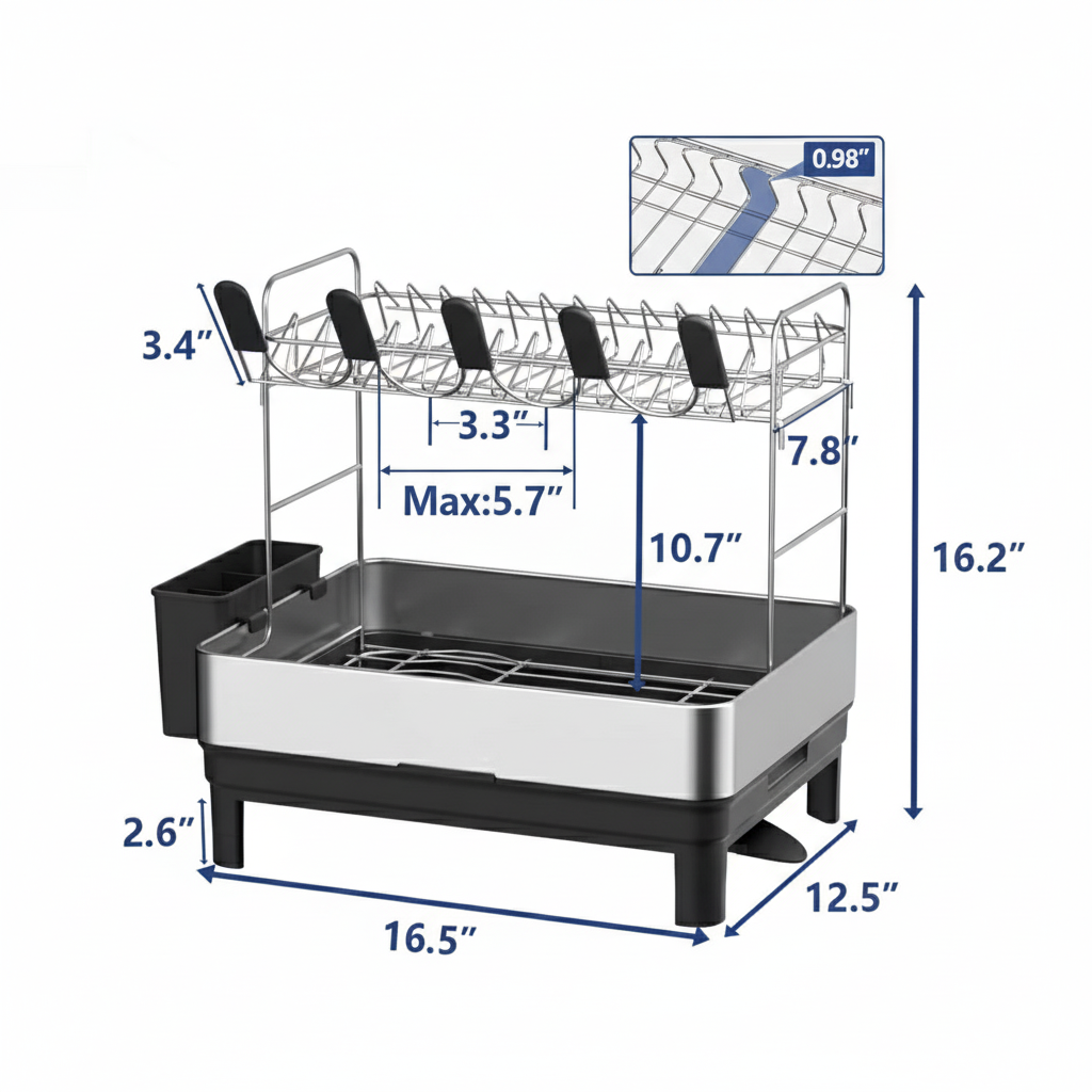 Fortune Candy 2-Tier Stainless Steel Dish Drying Rack for Kitchen Counter, Large Dish Rack with Utensil Holder and Rotating Drain Spout