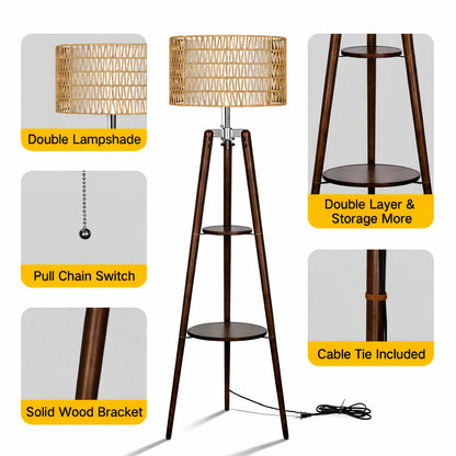 Fortune Candy 61'' Tall Boho Tripod Floor Lamp with Shelves, Mid-Century Modern Wood Standing Lamp with Rattan and Fabric Shades for Home, 2 Pallet
