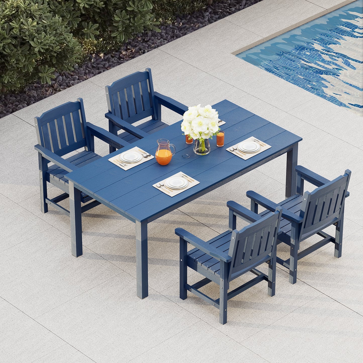 Fortune Candy 5 PCS Poly Lumber Outdoor Patio Dining Set, 70.9 in. Table with Umbrella Hole and Slat-Back Chairs, Navy Blue