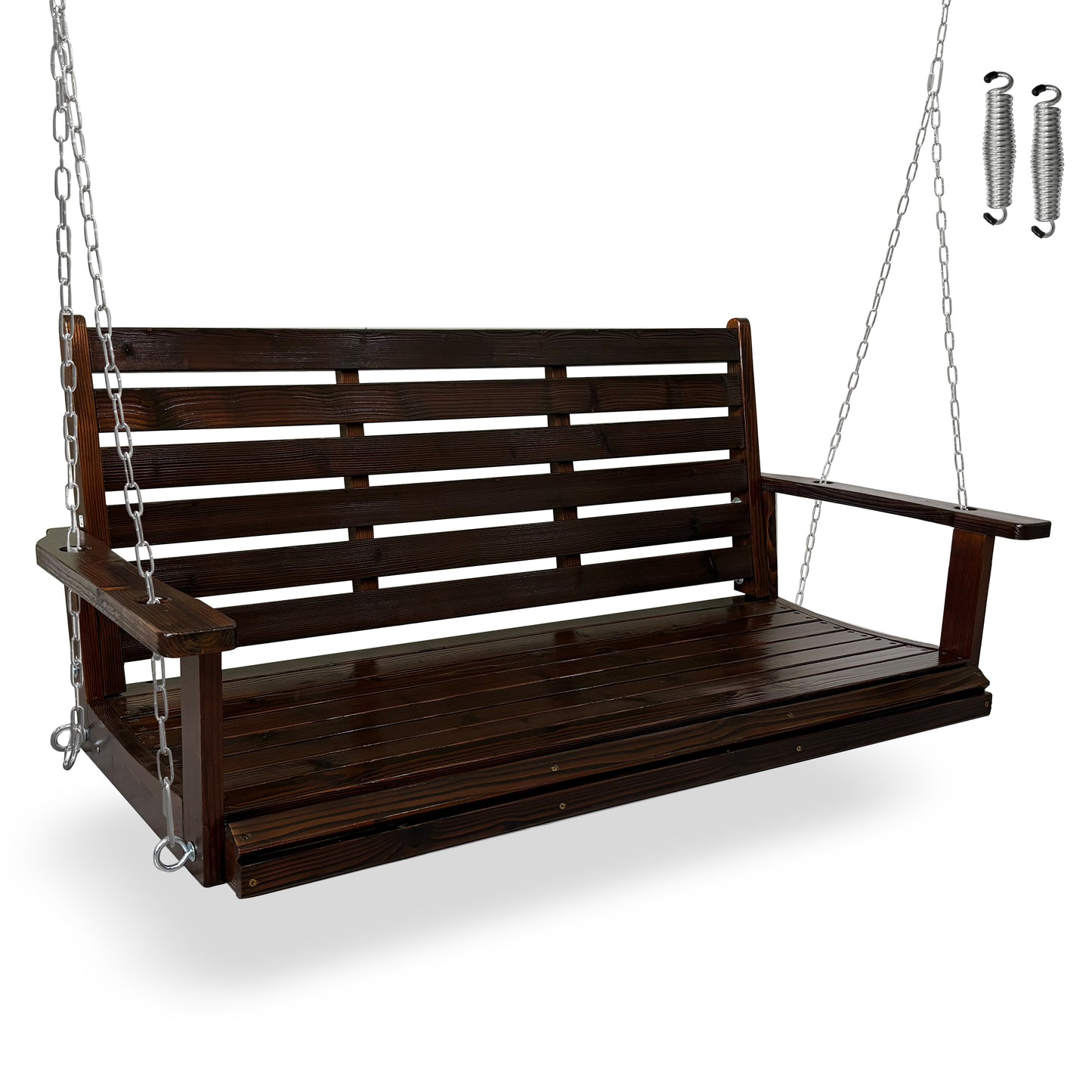 Fortune Candy Wooden Porch Swing 2-Seater Extra Large, Ergonomic Seat, Bench Swing with Hanging Chains, for Outdoor Patio Garden Yard (Deep Brown)