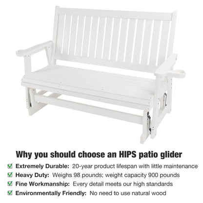 HIPS Patio Glider with Cup Holders, Durable Poly Lumber Material, All-Weather Resistant, High Backrest and Deep Contoured Seat, Heavy Duty 900 LB, for Outdoor, Porch, Patio (Ivory White, 3-Seat)