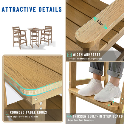 Poly Lumber Patio HIPS Bar Set, 2-Person Plastic Outdoor Bar Stools with Table, Teak Tone, 600 lb. Weight Capacity