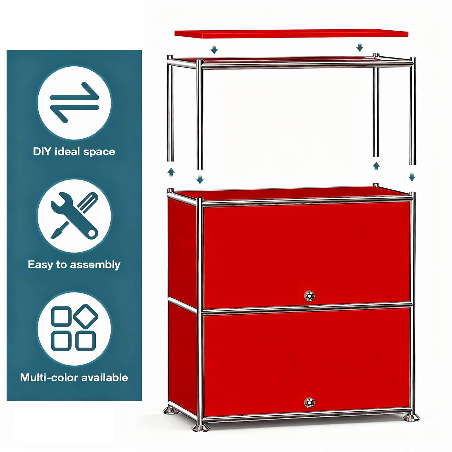 Fortune Candy 3 Tier Modular Metal Storage Cabinet, Modern Grid-Style Organizer for Dining Room, Living Room or Office, Red