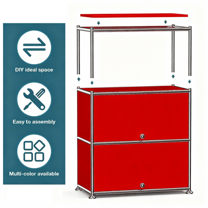 Fortune Candy 3 Tier Modular Metal Storage Cabinet, Modern Grid-Style Organizer for Dining Room, Living Room or Office, Red
