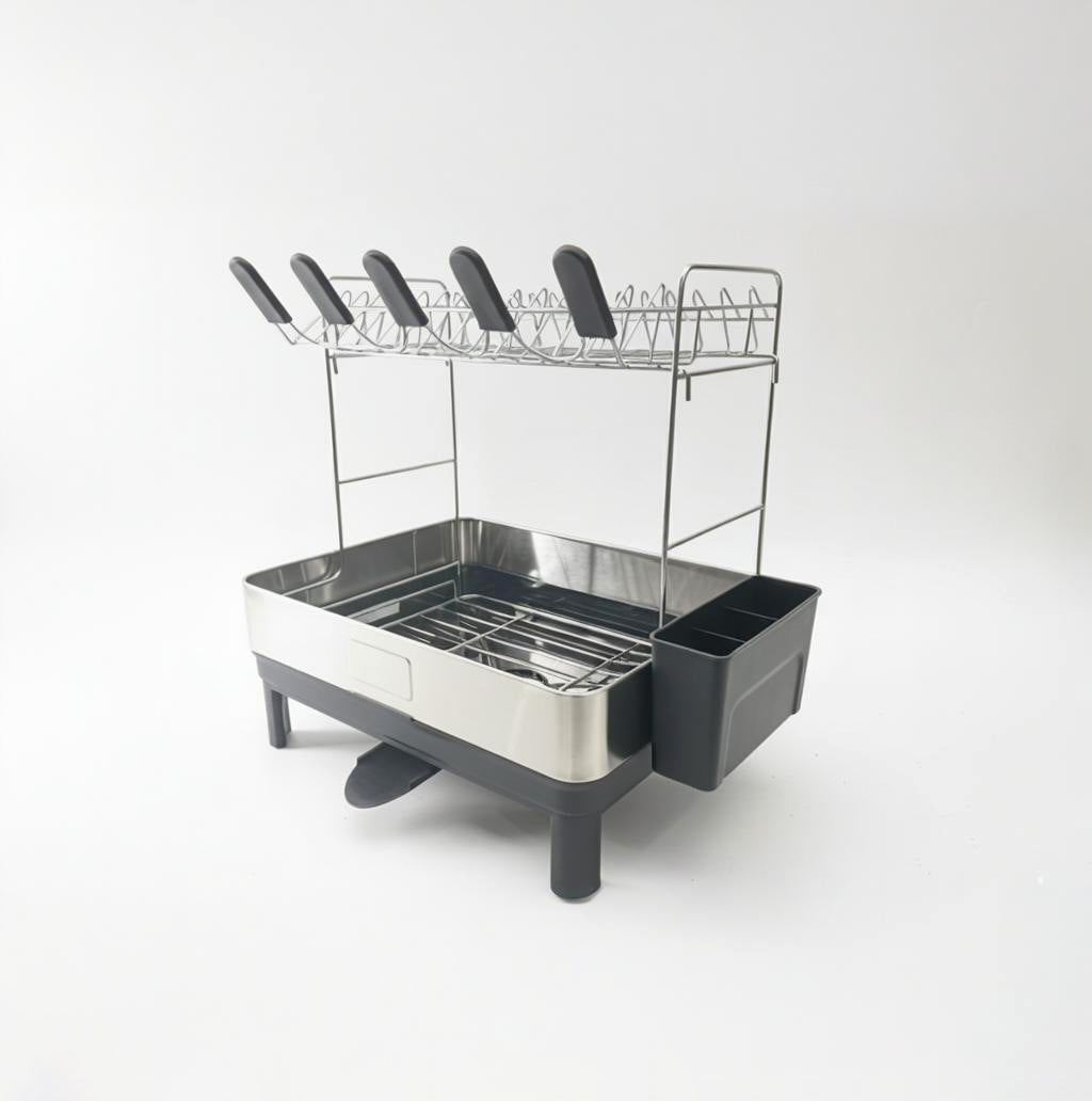 Fortune Candy 2-Tier Stainless Steel Dish Drying Rack for Kitchen Counter, Large Dish Rack with Utensil Holder and Rotating Drain Spout