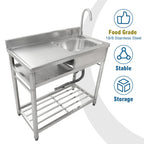 Fortune Candy 39.3" Stainless Steel Kitchen Sink with Faucet - Free Standing Single Bowl Commercial Sink Set, Strainer & Shelf for Indoor/Outdoor
