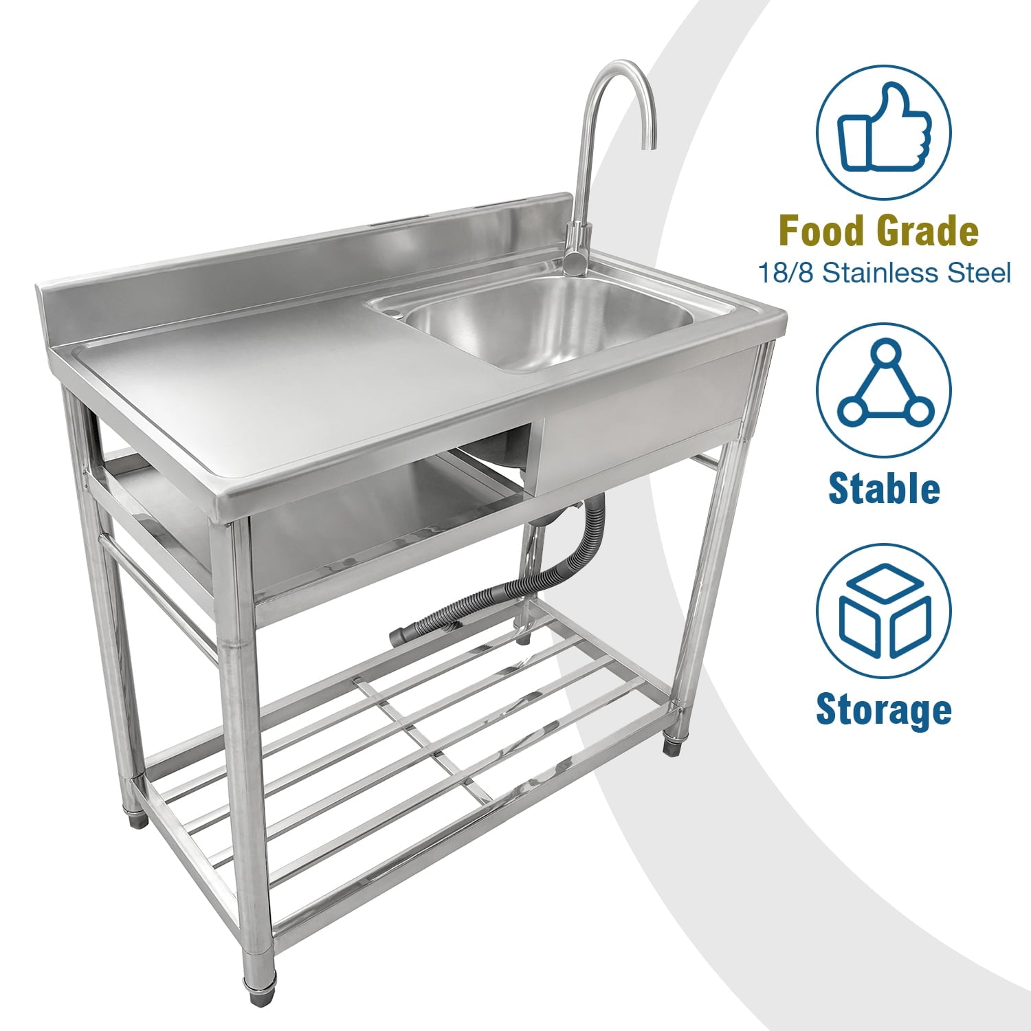 Fortune Candy 39.3" Stainless Steel Kitchen Sink with Faucet - Free Standing Single Bowl Commercial Sink Set, Strainer & Shelf for Indoor/Outdoor