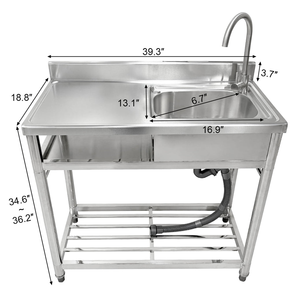 Fortune Candy 39.3" Stainless Steel Kitchen Sink with Faucet - Free Standing Single Bowl Commercial Sink Set, Strainer & Shelf for Indoor/Outdoor
