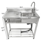 Fortune Candy 39.3" Stainless Steel Kitchen Sink with Faucet - Free Standing Single Bowl Commercial Sink Set, Strainer & Shelf for Indoor/Outdoor