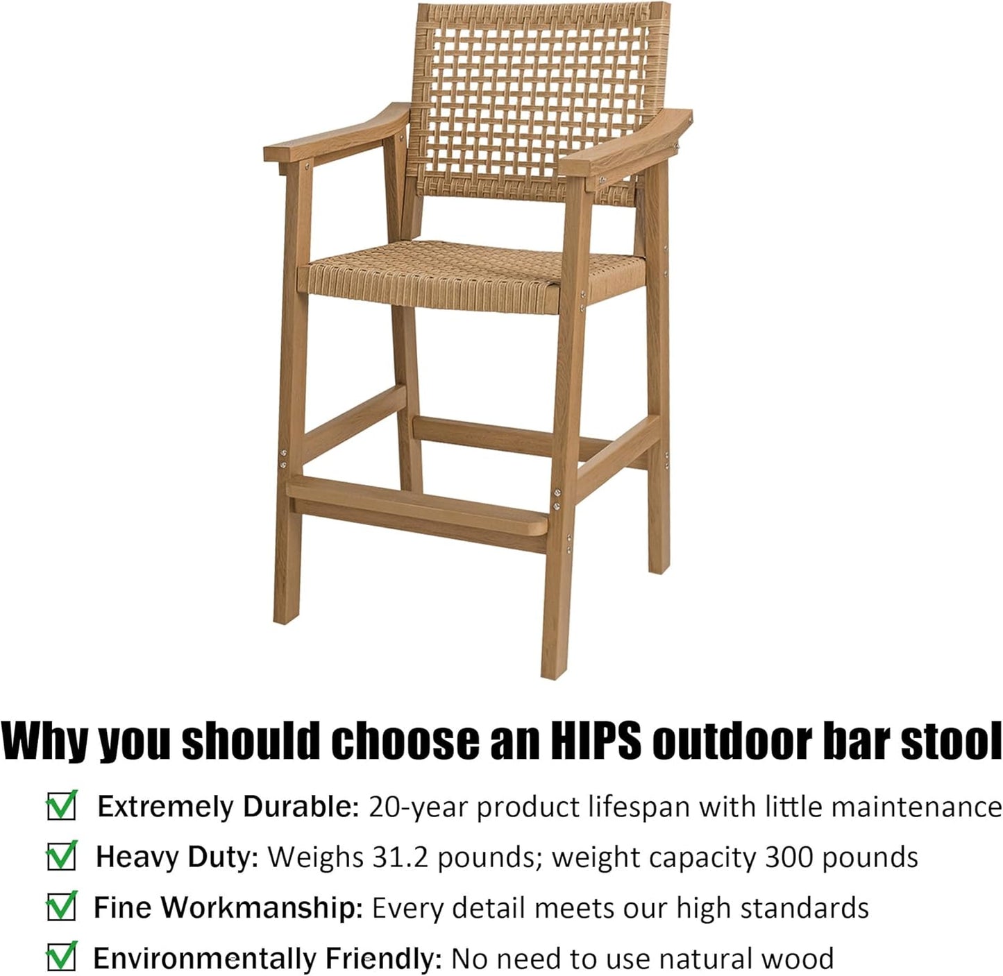 Poly Lumber Patio Bar Set, PE Rattan Outdoor Bar Stools with HIPS Table, Weather Resistant, for Poolside, Garden, Yard, Balcony (Teak Tone, 3 Piece)