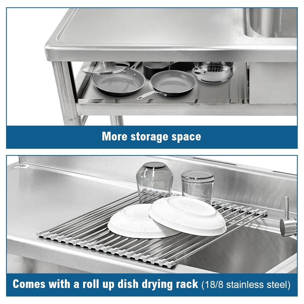 Fortune Candy 39.3" Stainless Steel Kitchen Sink with Faucet - Free Standing Single Bowl Commercial Sink Set, Strainer & Shelf for Indoor/Outdoor