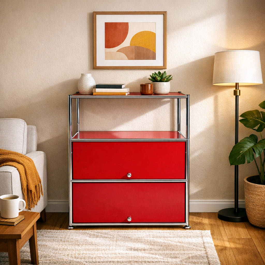 Fortune Candy 3 Tier Modular Metal Storage Cabinet, Modern Grid-Style Organizer for Dining Room, Living Room or Office, Red