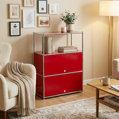 Fortune Candy 3 Tier Modular Metal Storage Cabinet, Modern Grid-Style Organizer for Dining Room, Living Room or Office, Red