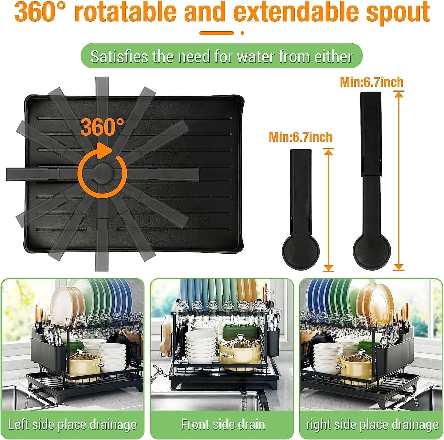 Fortune Candy 11.41'' Tall 2 Tier Dish Drying Rack, Large apacity, Black