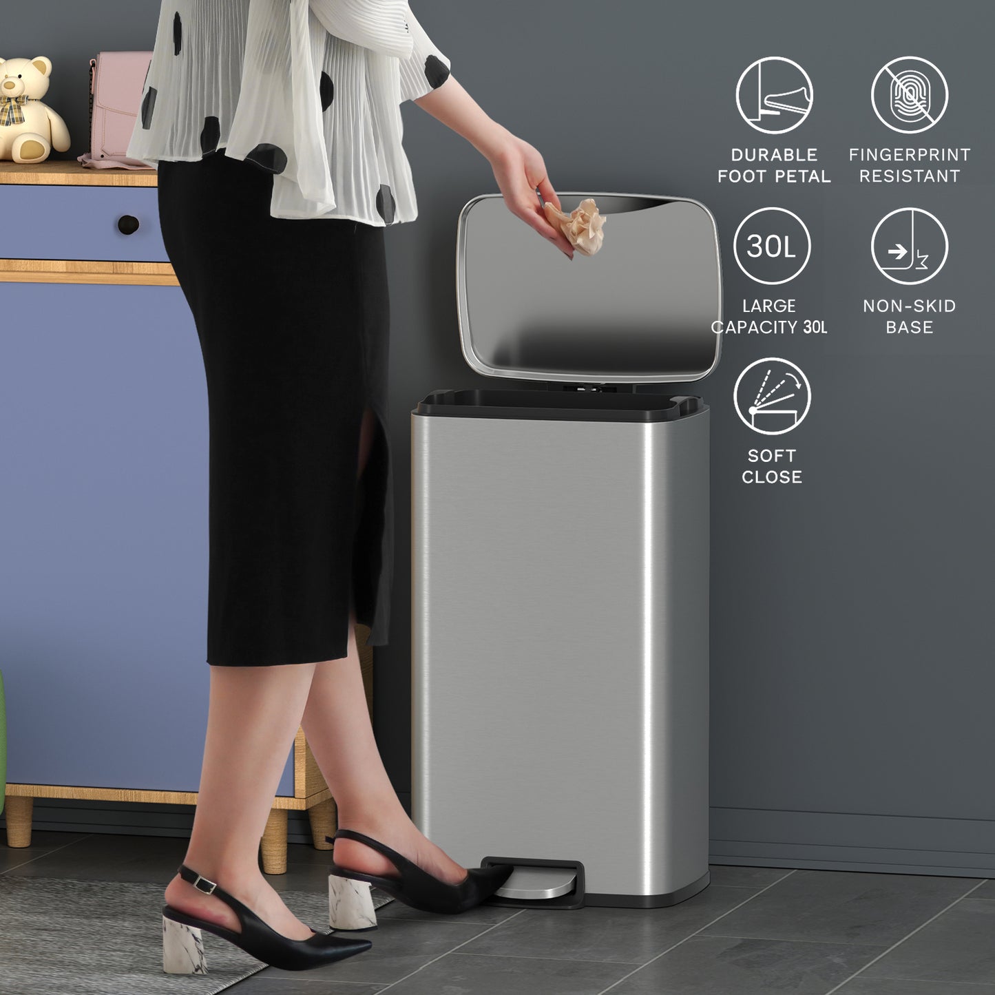 Innovaze 8 Gallon / 30 Liter Stainless Steel Step-On Trash Can, Rectangular Shape, Sliver Finish, Ideal for Home or Office