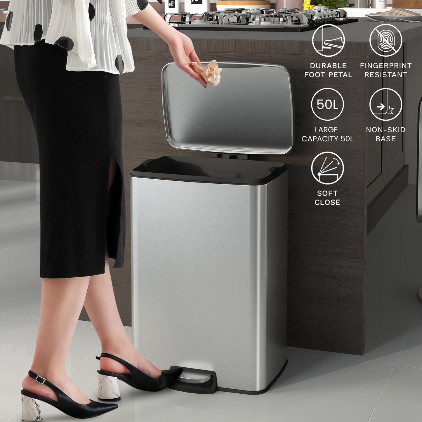 Innovaze 13 Gallon / 50 Liter Stainless Steel Step-On Trash Can, Rectangular Shape, Sliver Finish, Ideal for Home or Office